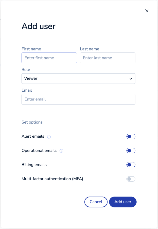Use the Add User dialog to specify the details for your new user.