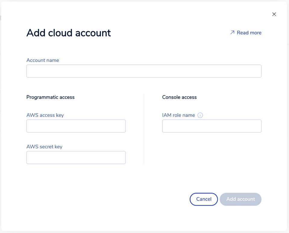 Use the Add cloud account prompt to enter the details of the cloud account.