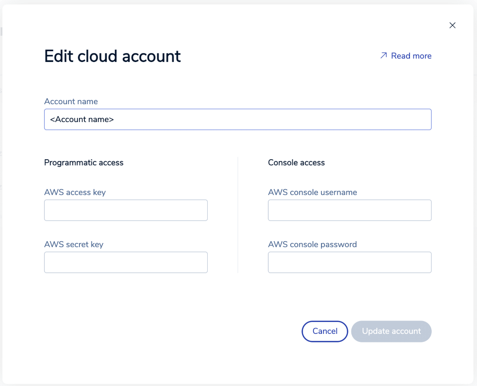 Use the Edit cloud account prompt to update the details of the cloud account.