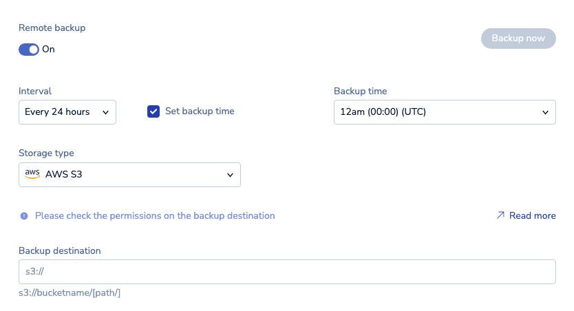 Backup settings appear when you enable the Remote backup settings.