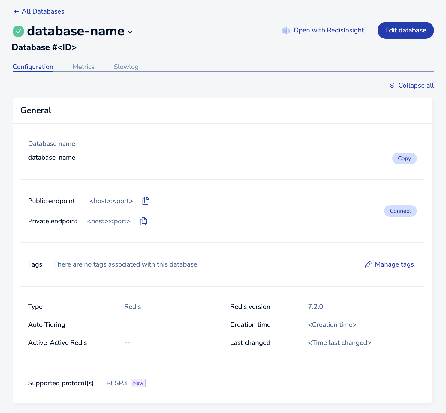 The Configuration tab of the Database details screen.