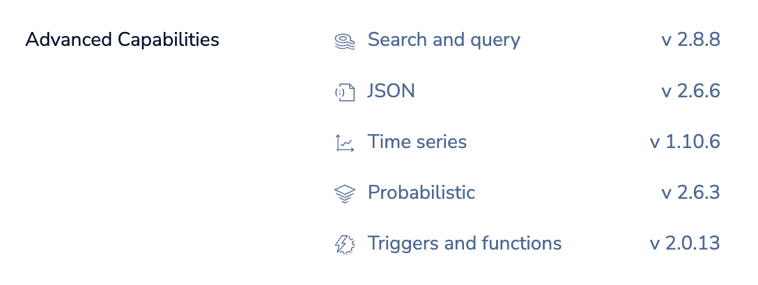 For Essentials, the Database details page lists the capabilities and versions added by Redis Stack.