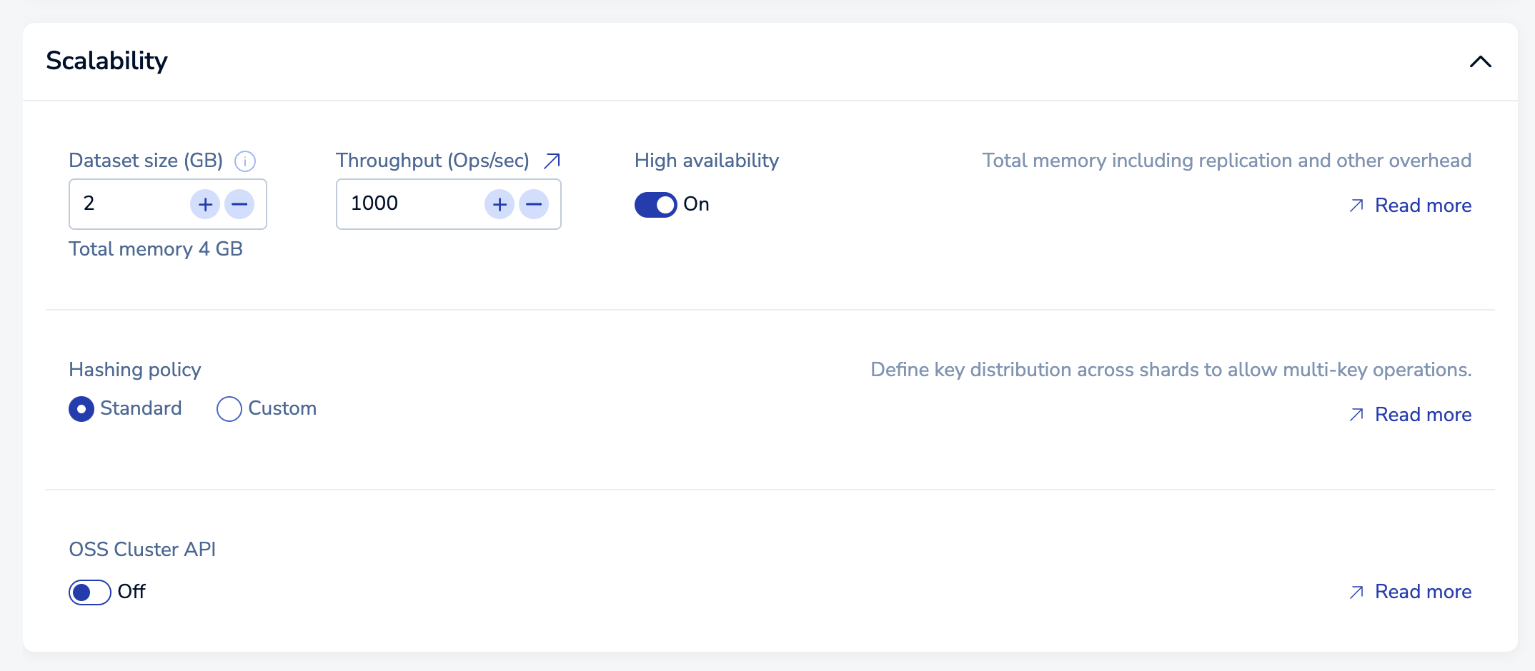 Use the Scalability section to control the size, throughput, and hashing policy for a database.