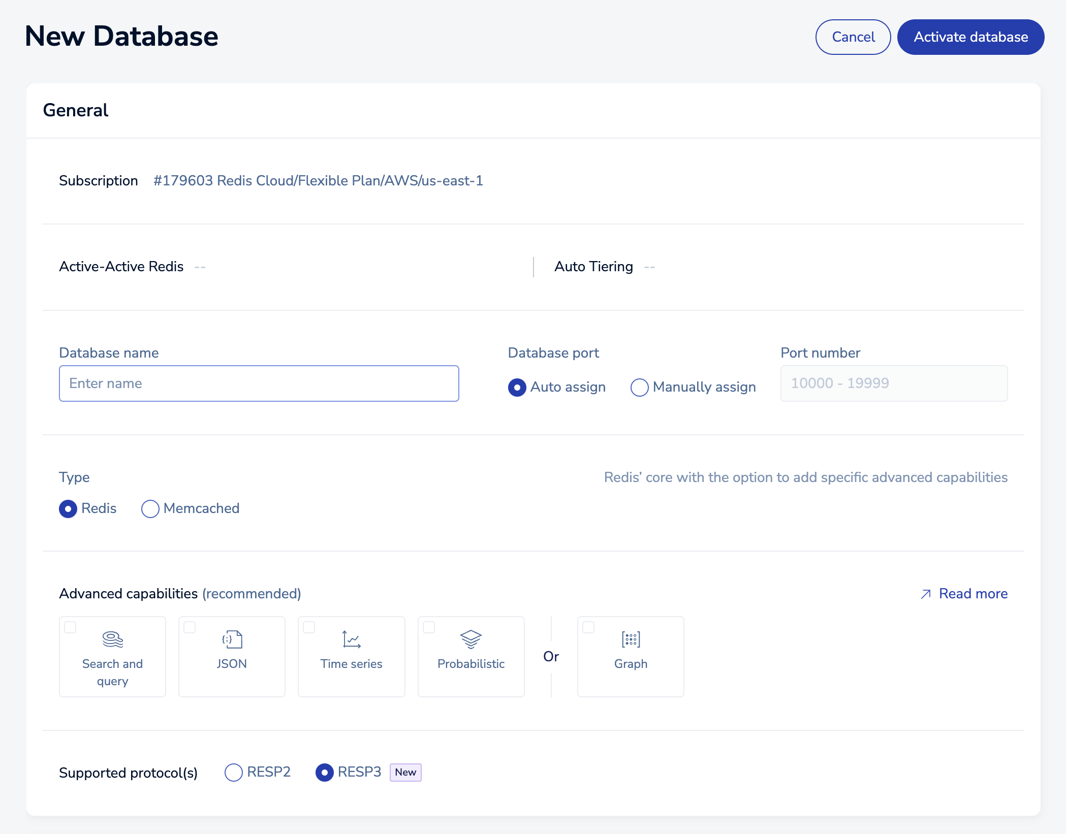 The general section of the New Database screen.