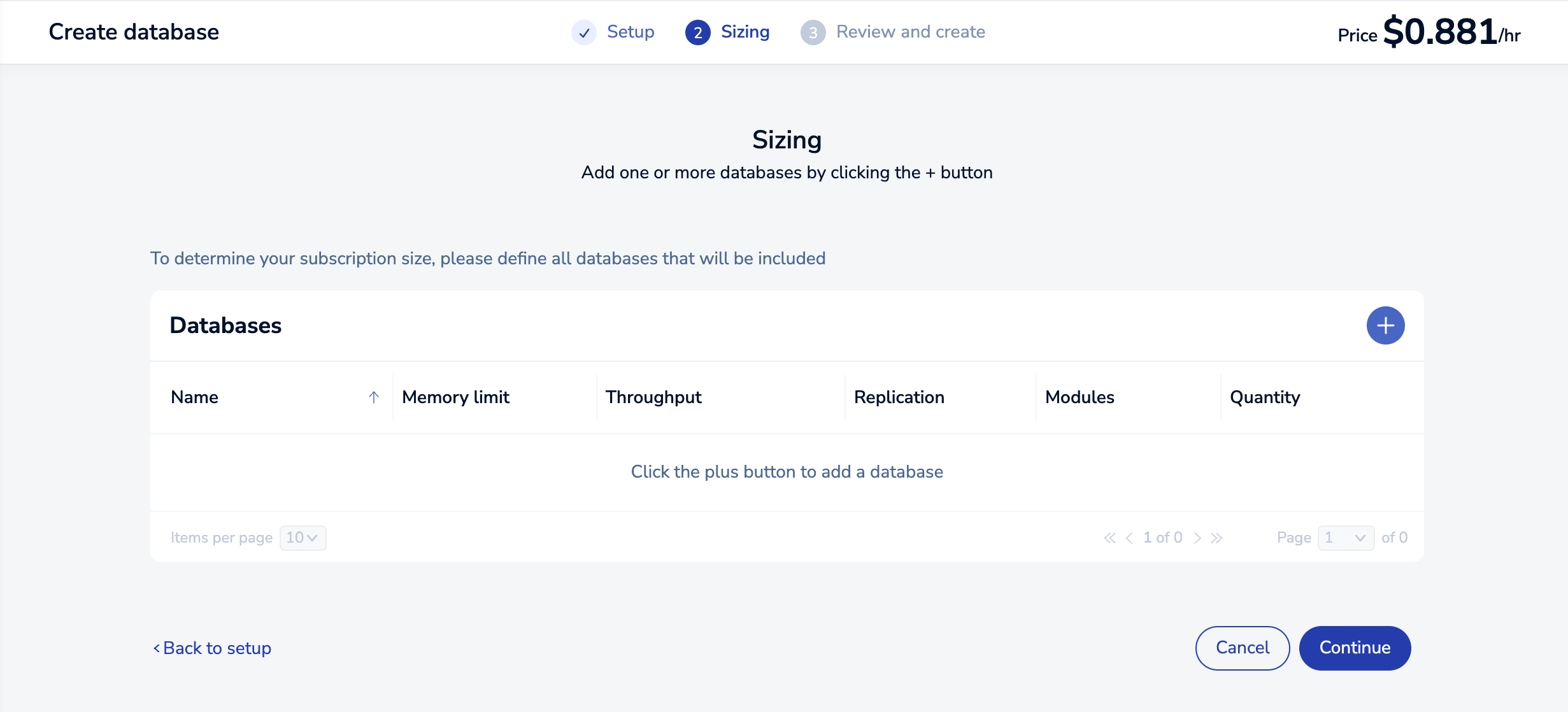The Sizing tab when creating a new Pro subscription.
